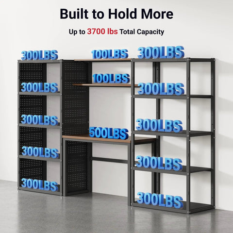 Modular Garage Storage System With Workbench And Pegboard Shelving, 117-Inch Heavy-Duty Steel Organizer showcasing load capacity