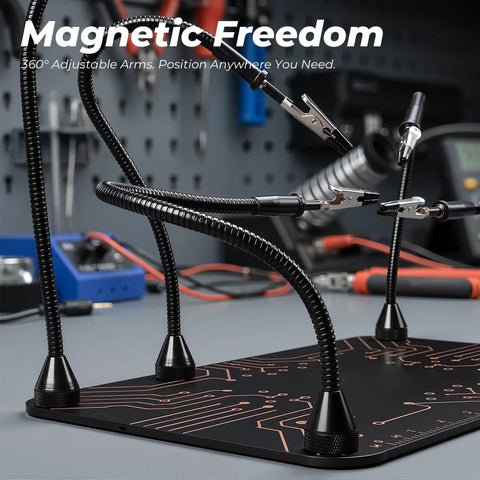 All-in-One Soldering Stand With Four Handy Helping Hands And 5X Magnifier, featuring flexible gooseneck arms in a workshop setting