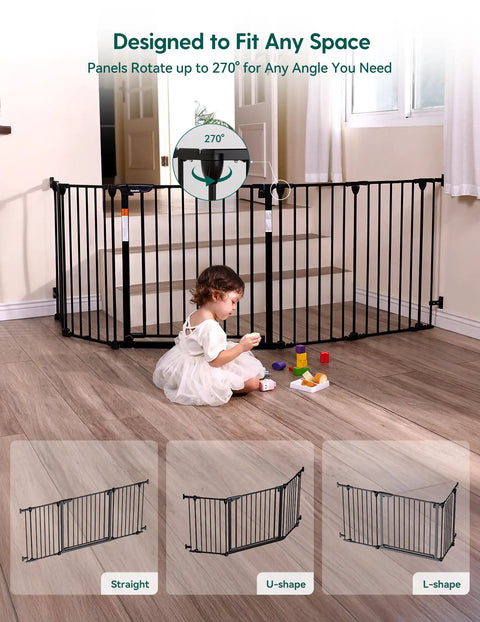 Heavy Duty Rock Solid Extra Wide Baby Gate With Foldable Metal Panels, 270° rotating panels for versatile setup.