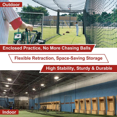 Outdoor and indoor views of 55Ft Batting Cage Cable Kit for Heavy Duty Baseball and Softball Nets in use.