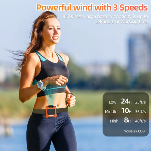 Woman jogging with Waist Clip Fan With 10000mAh Battery, Rechargeable Belt Clip Cooler Delivers 24 Hour Runtime visible on waist.