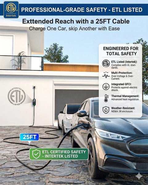 House exterior with Dual Level Portable EV Charger With Smart App Control And 25 Foot Cable 12A Level 1 And 16A Level 2 Charging WiFi And Bluetooth Enabled J1772 EVSE For All EVs And PHEVs ETL Listed For Home Or On The Go Use connected to an electric car, showing 25ft cable length.