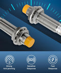 Inductive Proximity Sensor M12 4mm Detection Unshielded 4Pcs NPN NO Output Iron Target, shown with orange tip and metallic body