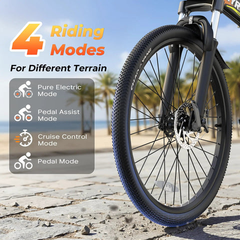 Folding Electric Bike With Peak 750W Power, All Terrain E Bike With 48V Removable Battery, Speeds Up To 25 MPH And Range Of 50 Plus Miles, Dual Disc Brakes And Full Suspension For City Streets And Trails front wheel and modes display