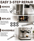 Oval Security Bit Magnetic Repair Tool in 316 Stainless Steel, 2.4 Inch; illustrated 3-step repair with tool and replacement gaskets.