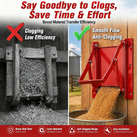 Heavy Duty Steel Sliding Grain Gate 9 By 9 Inch Slide Door For Ibc Tank And Grain Bin Manual Bulk Feed Dispenser shown in use preventing clogs.