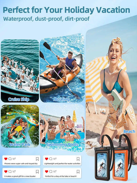 Floating Waterproof Phone Pouch 2 Pack IP68 Case for Beach Adventures with iPhone and Samsung models displayed on beach