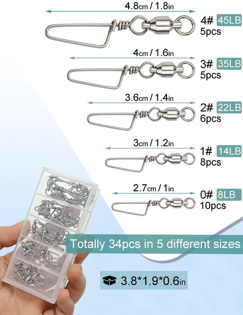 Ball Bearing Fishing Swivels Snaps 34 Piece Box Heavy Duty Saltwater Barrel Swivels Quick Change Lure Clips Tackle Set For Redfish And Striped Bass Prevent Line Twist And Knotting On Casting And Trolling Rigs, 5 sizes