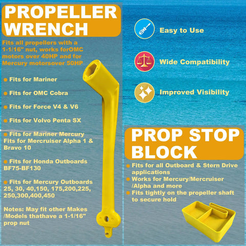Floating Prop Wrench And Prop Stop Kit For All Outboard And Stern Drive Boats, 1-1/16 Inch Polymer Tool, Lightweight Rustproof Plastic That Floats, Mercury Mercruiser OMC Compatible, Easy To Use, Yellow.