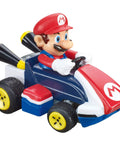 Mario figure driving red and blue kart from Mario Kart Tabletop RC Racing Set With Mario And Luigi, 2.4GHz Remote Control Cars For Kids 6 And Up