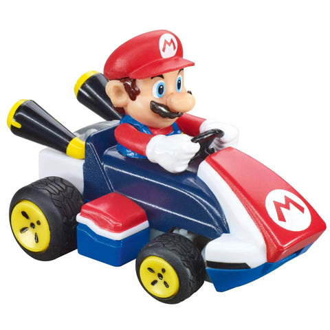 Mario figure driving red and blue kart from Mario Kart Tabletop RC Racing Set With Mario And Luigi, 2.4GHz Remote Control Cars For Kids 6 And Up