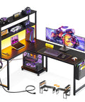Black L Shaped Gaming Desk With LED Lighting And Built In Power Outlets, storage shelves, CPU stand, and monitor setup