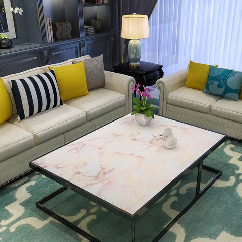 Living room with coffee table covered in Pink Marble Peel And Stick Contact Paper Matte Finish, Waterproof And Oil Proof Self Adhesive Wallpaper 17.71 By 78.74 Inches For Kitchen Counters, Furniture, Drawers, Cabinets, Crafts And DIY Renovations.