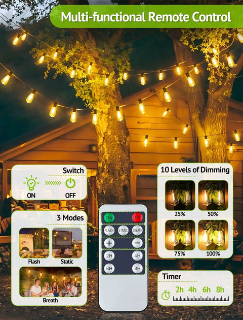 Image of 48Ft Solar Powered Outdoor String Lights With Remote Waterproof Dimmable Patio Lighting showcasing remote control options for brightness and timer settings, with lights illuminating a patio.