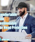Man wearing Black Baseball Safety Bump Cap With ABS Shell, Breathable 100 Percent Cotton, Dual Layer Padded Foam, outdoors