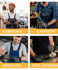 Durable Work Gloves For Men And Women With Touch Screen Ready Fingertips PVC And Synthetic Leather Palm For Superior Abrasion Resistance Flexible Breathable Gardening Gloves For Yard Maintenance Small Size 1 Pair shown in various trades - warehouse, carpentry, mechanic, tool handling.