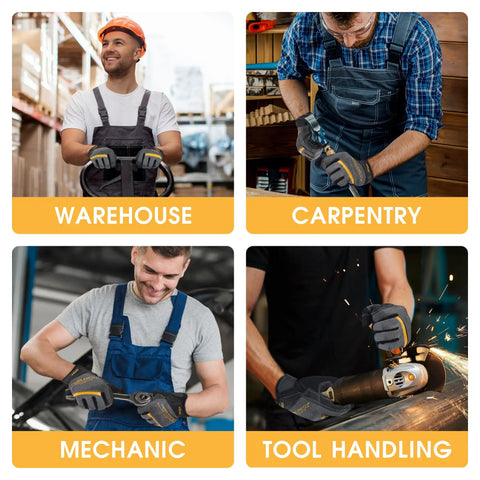 Durable Work Gloves For Men And Women With Touch Screen Ready Fingertips PVC And Synthetic Leather Palm For Superior Abrasion Resistance Flexible Breathable Gardening Gloves For Yard Maintenance Small Size 1 Pair shown in various trades - warehouse, carpentry, mechanic, tool handling.