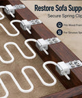 Rock Solid Upholstery Spring Clips Repair Kit For Saggy Couches And Sofas includes secure spring clips on wooden frame.