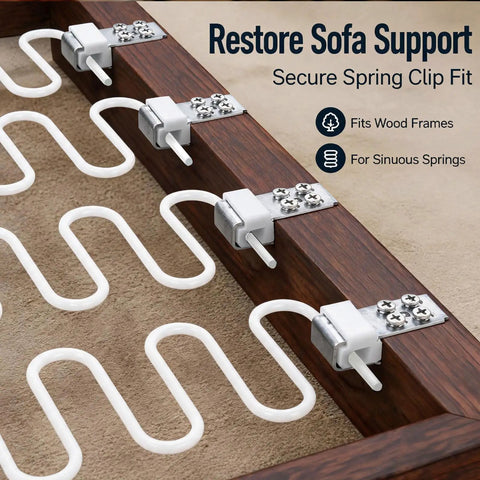 Rock Solid Upholstery Spring Clips Repair Kit For Saggy Couches And Sofas includes secure spring clips on wooden frame.