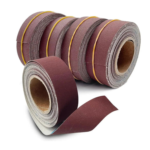 6M Heavy Duty Emery Cloth Roll Premium Sanding Tape For Belt Sanders Coarse To Fine Abrasive Wrap shown in rolls for easy application.