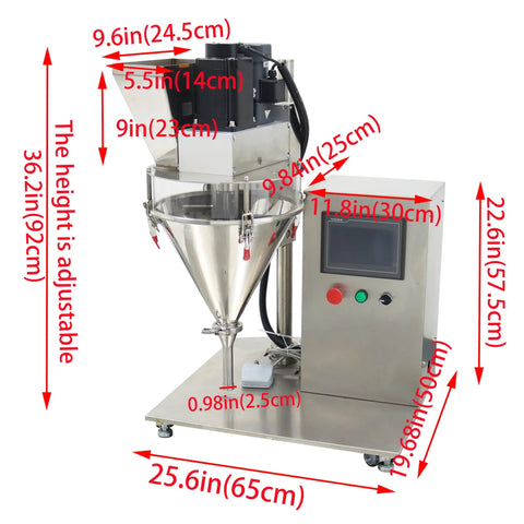 Rock Solid Semi Automatic Powder Filling Machine Crafted From Heavy Duty Stainless Steel With No Fuss Touchscreen Setup Perfect For Quick Desktop Packing Tasks Smooth Stepper Motor Drives, showing adjustable height and dimensions.
