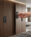 Hand using Two Pack Recessed Door Pulls Matte Black Zinc Alloy Flush Handles For Cabinets And Drawers Flat Knob Style For Tatami Drawer Cabinet Easy