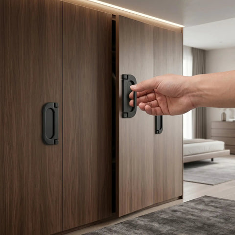 Hand using Two Pack Recessed Door Pulls Matte Black Zinc Alloy Flush Handles For Cabinets And Drawers Flat Knob Style For Tatami Drawer Cabinet Easy