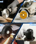 Pro Grade Mini Cordless Angle Grinder Kit cutting wood, stone, metal; shown in various uses with 13000 RPM motor for DIY projects.
