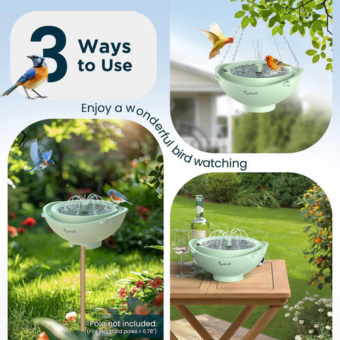 Solar Bird Bath Fountain With 3 Spray Modes And 2L Capacity, hybrid solar and battery powered, hang or stand design shown in garden use