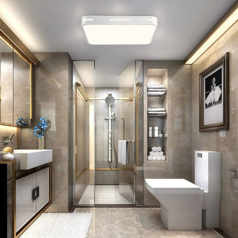 Bathroom with Dimmable LED Ceiling Light Fixture with Remote Control, Dope Flush Mount Ceiling Lamp, rectangular, 16.9x12.6 inches.