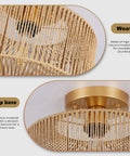 Close-up of Rattan Ceiling Light Fixture With Woven Wicker Shade, showing metal frame and wood tone finish, easy install contrast