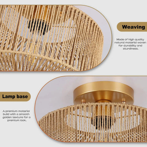 Close-up of Rattan Ceiling Light Fixture With Woven Wicker Shade, showing metal frame and wood tone finish, easy install contrast