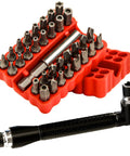 34-Piece Security Bit Set With One-Quarter-Inch Hex Shank For Impact Drivers in red case with mini wrench