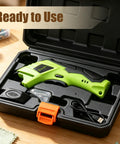 Cordless Electric Fabric Scissors With Rechargeable Power Shears in a black case, showcasing ergonomic design, components, and USB charging.