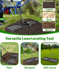 Heavy Duty Lawn Leveling Rake 30x10 Inch With 6.2 Foot Handle used in backyard, patio, and golf course for effortless leveling