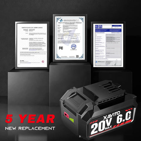 Upgraded 20V Replacement Battery For Skil Power Tools 6000 Mah Pack with compliance certificates displayed.