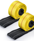 Two yellow heavy-duty lifting straps with black loop ends, 2 in x 6.6 ft, rolled