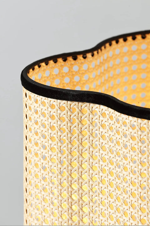 Close-up of PVC rattan shade with velvet rim on Mid Century Bohemian Tripod Floor Lamp With PVC Rattan Shade And Velvet Rim