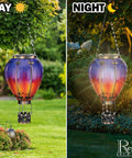 Purple Solar Hot Air Balloon Lantern Hanging LED Lit Outdoor Light For Garden Patio And Pathway Waterproof Portable Decorative Lamp Made Of Metal And Glass, daytime and nighttime view