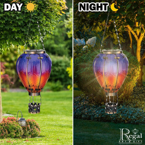 Purple Solar Hot Air Balloon Lantern Hanging LED Lit Outdoor Light For Garden Patio And Pathway Waterproof Portable Decorative Lamp Made Of Metal And Glass, daytime and nighttime view