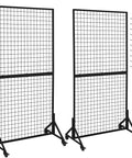 Two Pack Hella Durable Rolling Wire Grid Wall Panels Featuring Twenty Straight Up Sturdy Hooks For Retail Shops Craft Fairs Mobile Vendor Booths And Weekend Markets In Black, set of 2 freestanding grids on casters.