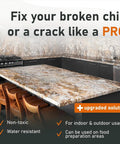 Clear Color Countertop Repair Kit For Granite Marble Quartz Porcelain Tile Ceramic Surfaces With Polisher, DIY Friendly Chip Fix At Home, shown on a kitchen countertop.