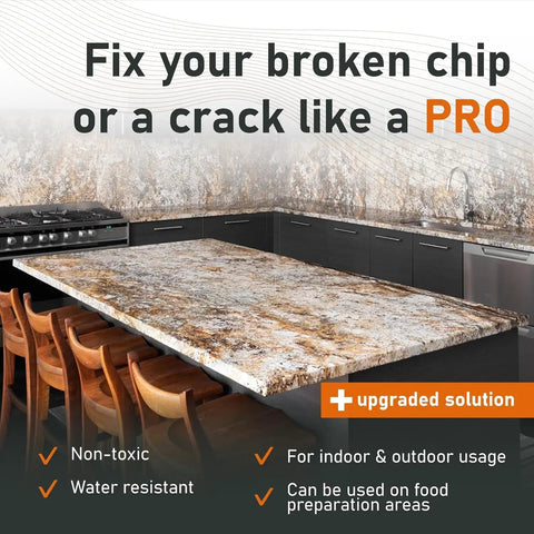 Clear Color Countertop Repair Kit For Granite Marble Quartz Porcelain Tile Ceramic Surfaces With Polisher, DIY Friendly Chip Fix At Home, shown on a kitchen countertop.