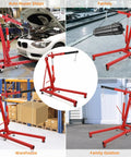 Rock Solid Heavy Duty Folding Engine Hoist 2 Ton 4400 Lbs hydraulic crane in various settings: auto repair, factory, and warehouse.