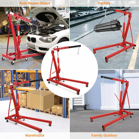 Rock Solid Heavy Duty Folding Engine Hoist 2 Ton 4400 Lbs hydraulic crane in various settings: auto repair, factory, and warehouse.