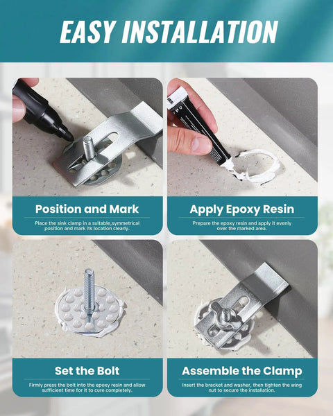 Four-step installation of Heavy Duty Tough As Nails Undermount Sink Clips Ten Pack Stainless Steel Brackets Mounting Clamps.