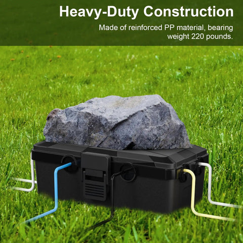 Beefy Medium Outdoor Electrical Box IP54 Weatherproof Cover with cables and stone on grassy ground
