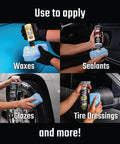 Four images showing Pro Grade Microfiber Applicator Pads 2 Pack with Ultra Soft Foam Core applying various car care products.
