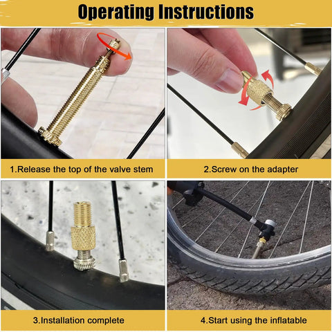 4 Pack Brass Presta To Schrader Valve Adapters For Bikes, E-Bikes, And E-Scooters Convert Presta To Schrader For Standard Pumps And Air Compressors With 4 Valve Caps Durable DIY Bike Tire Inflation Kit installation instructions