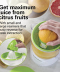 Hamilton Beach 34 Oz Electric Citrus Juicer With Silicone Gripper Lid Easy Press Juice Extraction, showing orange being juiced.